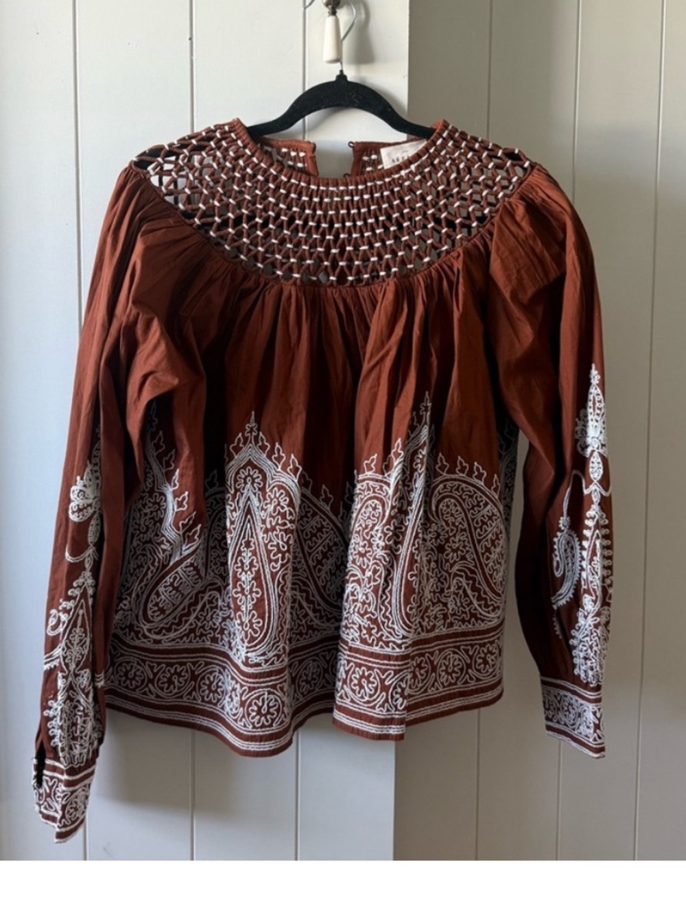 Sezane Rust Brown Embroidered Cotton Blouse with White Print